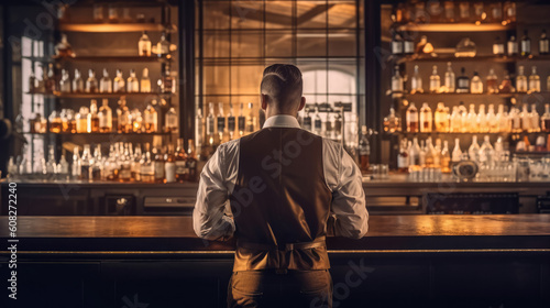 Rear view of young bartender standing at bar counter. Generative AI 