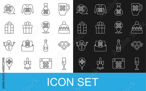 Set line Glass of champagne, Pretzel, Winter hat, Santa Claus bag gift, Gift box, Snowflake speech bubble and icon. Vector