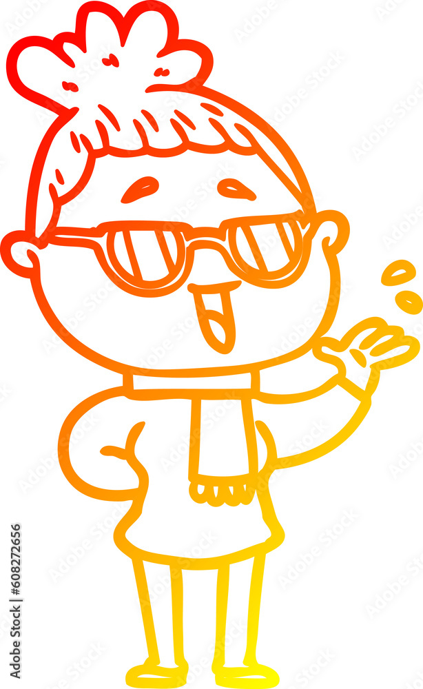 warm gradient line drawing of a cartoon happy woman wearing spectacles warm gradient line drawing of a cartoon happy woman wearing spectacles