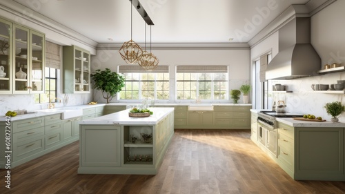 Modern spacious kitchen American European classic. Trendy pistachio fronts  white marble countertops  large kitchen island  natural wood flooring. Generative AI