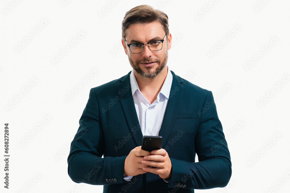 Business man in suit using mobile phone isolated on white studio. Portrait of confidence middle aged millennial business man using cellphone. Business man with smartphone, business call. Banner. Business man in suit using mobile phone isolated on white studio. Portrait of confidence middle aged millennial business man using cellphone. Business man with smartphone, business call. Banner.