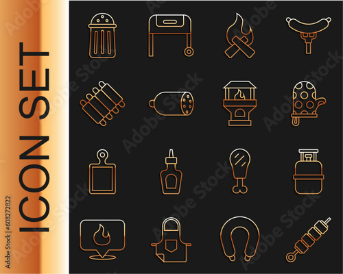 Set line Grilled shish kebab, Propane gas tank, Oven glove, Campfire, Salami sausage, pork bbq ribs, Salt and Brick stove icon. Vector