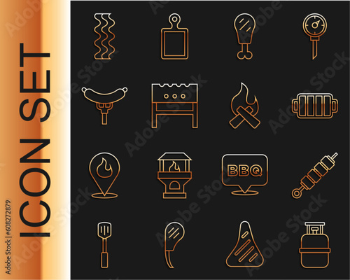 Set line Propane gas tank, Grilled shish kebab, Barbecue grill, Chicken leg, BBQ brazier, Sausage on the fork, Bacon stripe and Campfire icon. Vector