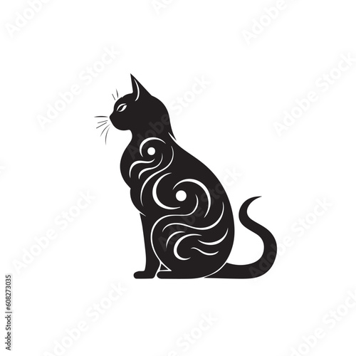 Draw vector illustration character cute cat. Doodle, cartoon, logo, icon style. Black and white 