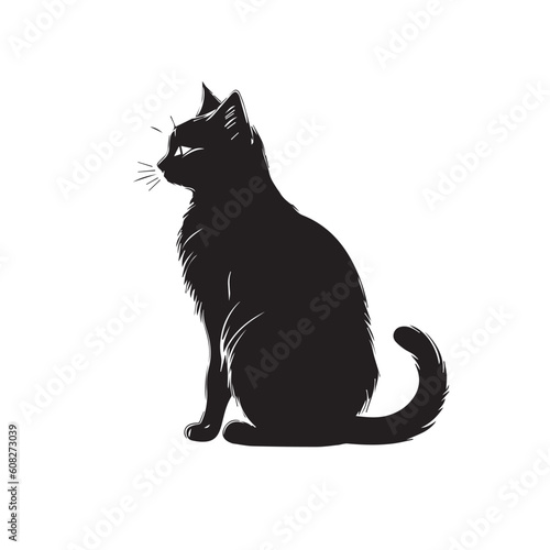 Draw vector illustration character cute cat. Doodle, cartoon, logo, icon style. Black and white 