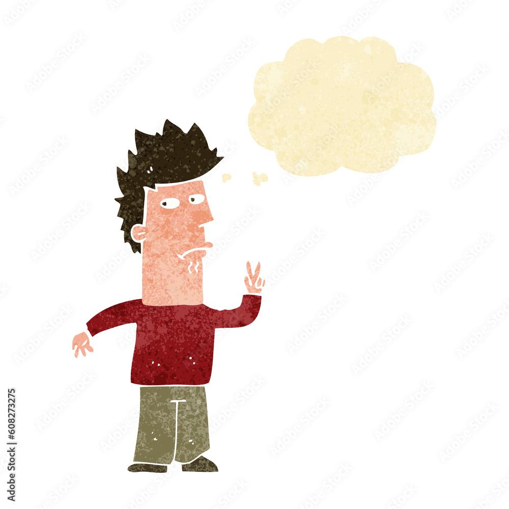 Fototapeta premium cartoon man giving peace sign with thought bubble