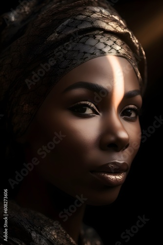 Portrait of a beautiful african muslim woman wearing headscarf photo