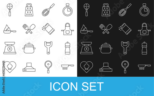 Set line Frying pan, Pepper, Kitchen apron, whisk, Crossed fork and spoon, Spatula and Packet of pepper icon. Vector
