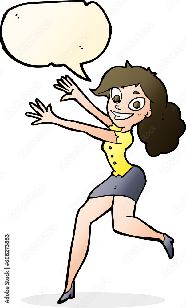 cartoon happy woman jumping with speech bubble cartoon happy woman jumping with speech bubble