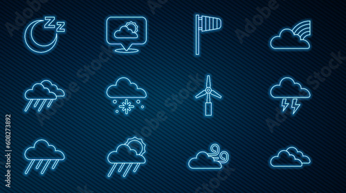 Set line Cloud, Storm, Cone windsock wind vane, with snow, rain, Time sleep, Wind turbine and Location cloud icon. Vector