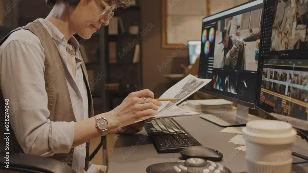 Low angle shot of Caucasian woman sitting at desk in office looking at computer screen and documents comparing information Low angle shot of Caucasian woman sitting at desk in office looking at computer screen and documents comparing information