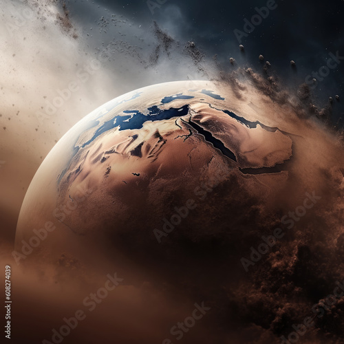 Planet earth in dust, global warming concept, environmental disaster, generative ai