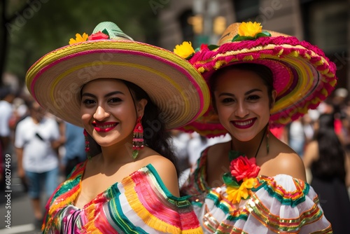 Two Mexican women wearing traditional sombrero and mexican poncho
