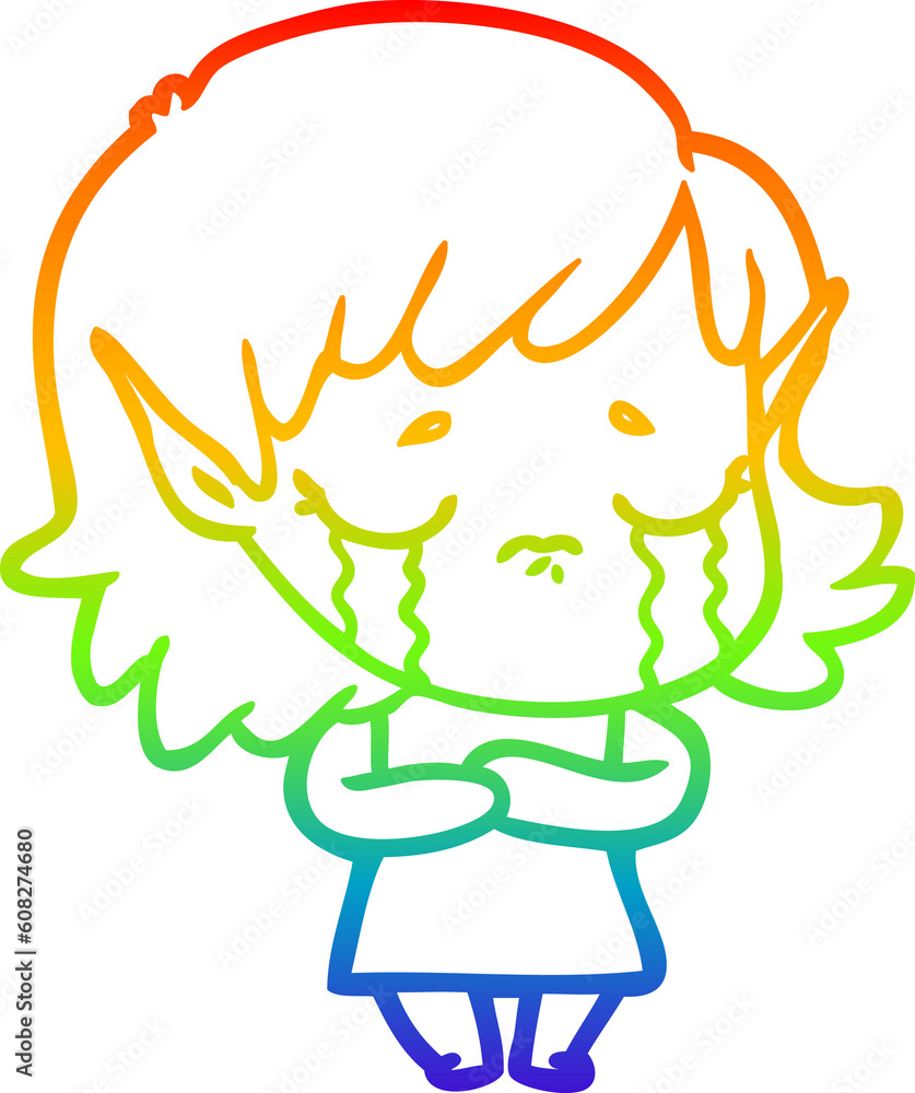 rainbow gradient line drawing of a cartoon crying elf girl rainbow gradient line drawing of a cartoon crying elf girl