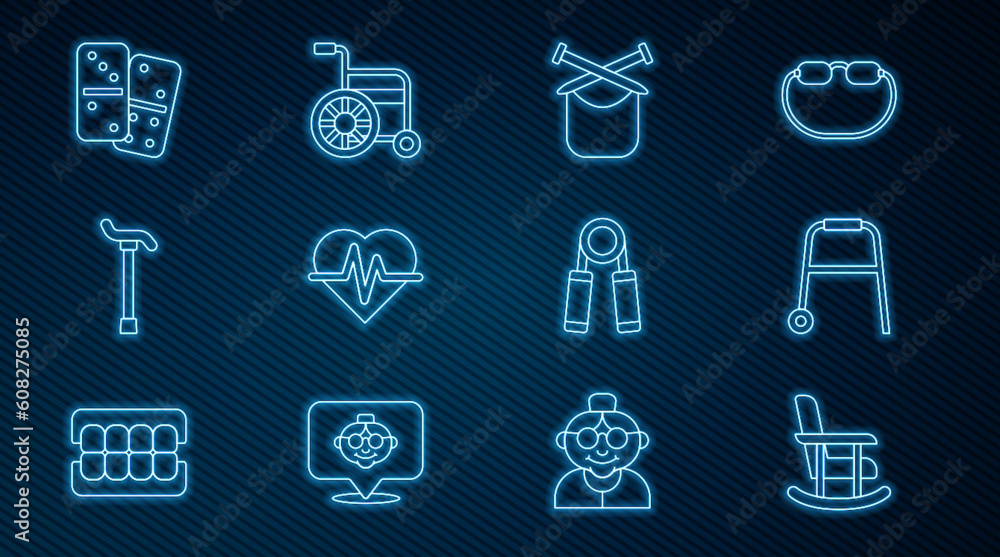 Set line Rocking chair, Walker, Knitting, Heart rate, Walking stick cane, Domino, Sport expander and Wheelchair icon. Vector Set line Rocking chair, Walker, Knitting, Heart rate, Walking stick cane, Domino, Sport expander and Wheelchair icon. Vector