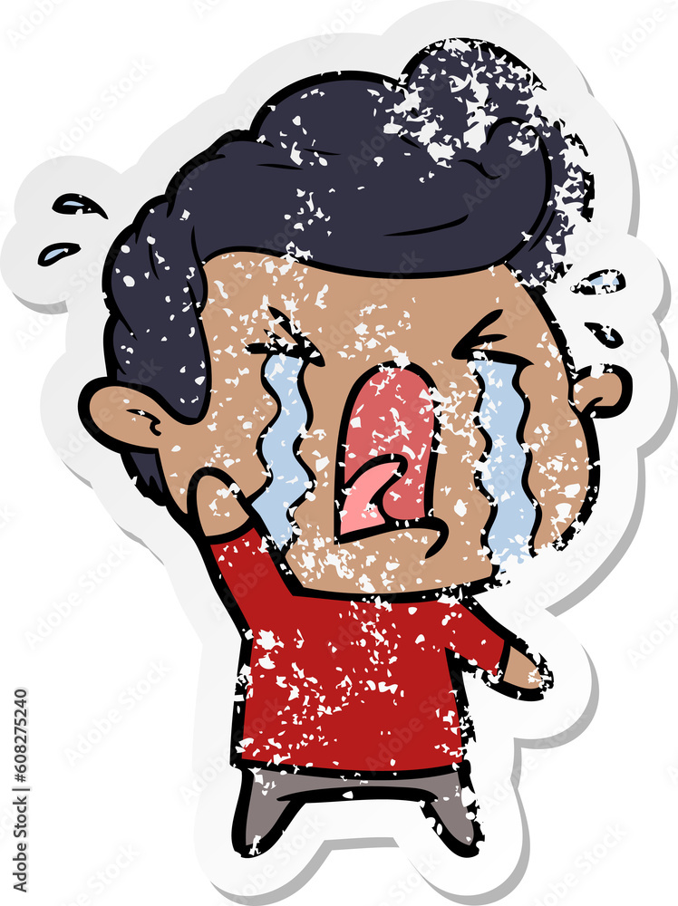 distressed sticker of a cartoon crying man distressed sticker of a cartoon crying man