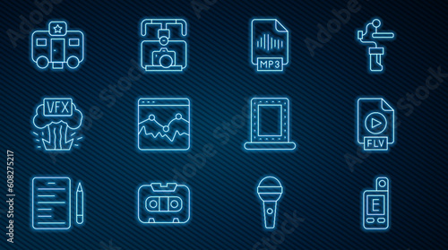 Set line Light meter, FLV file document, MP3, Music wave equalizer, VFX, Actor trailer, Makeup mirror with lights and Gimbal stabilizer camera icon. Vector