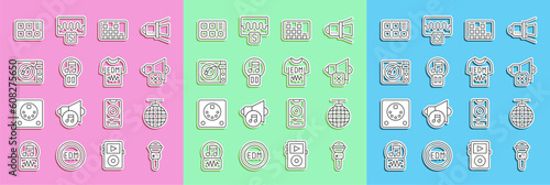 Set line Microphone, Disco ball, Speaker mute, Music equalizer, Pause button, Vinyl player with vinyl disk, Drum machine and T-shirt icon. Vector