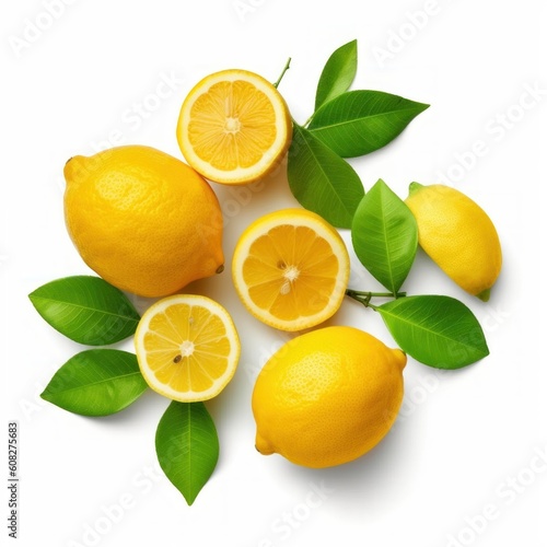 Wallpaper Mural Fresh organic yellow lemon fruit with slice and green leaves. Generative AI Torontodigital.ca