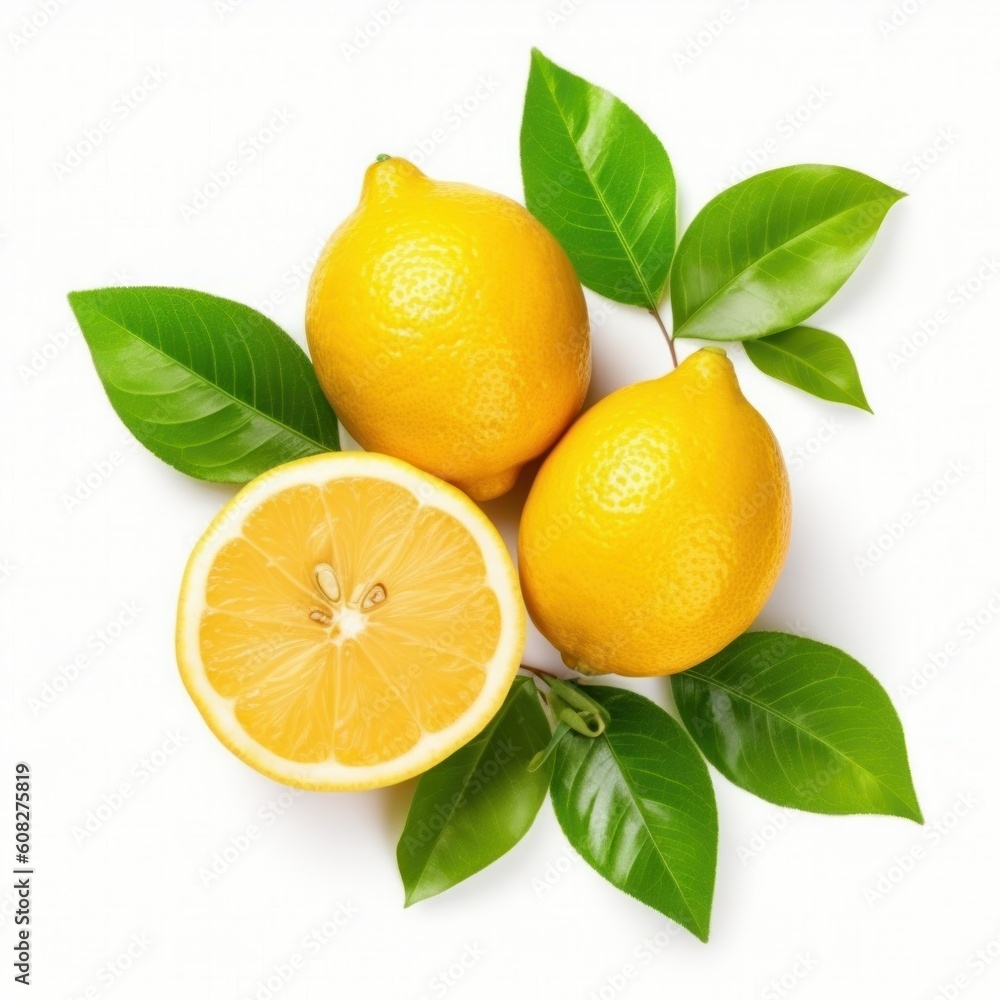 Fresh organic yellow lemon fruit with slice and green leaves. Generative AI