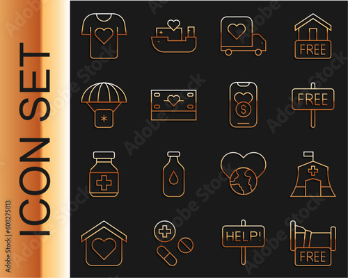 Set line Free overnight stay house, Emergency medical tent, sign, Delivery truck with heart, Donation and charity, Humanitarian aid, Clothes donation and icon. Vector