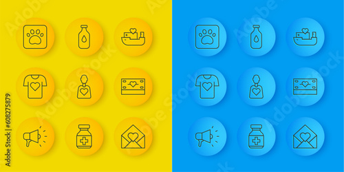 Set line Megaphone, Clothes donation, Volunteer, Envelope with Valentine heart, Donation and charity, Paw print, Humanitarian ship and Bottle of water icon. Vector
