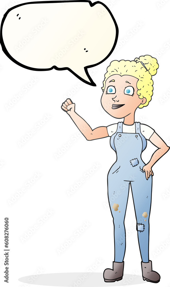 freehand drawn speech bubble cartoon woman in dungarees freehand drawn speech bubble cartoon woman in dungarees