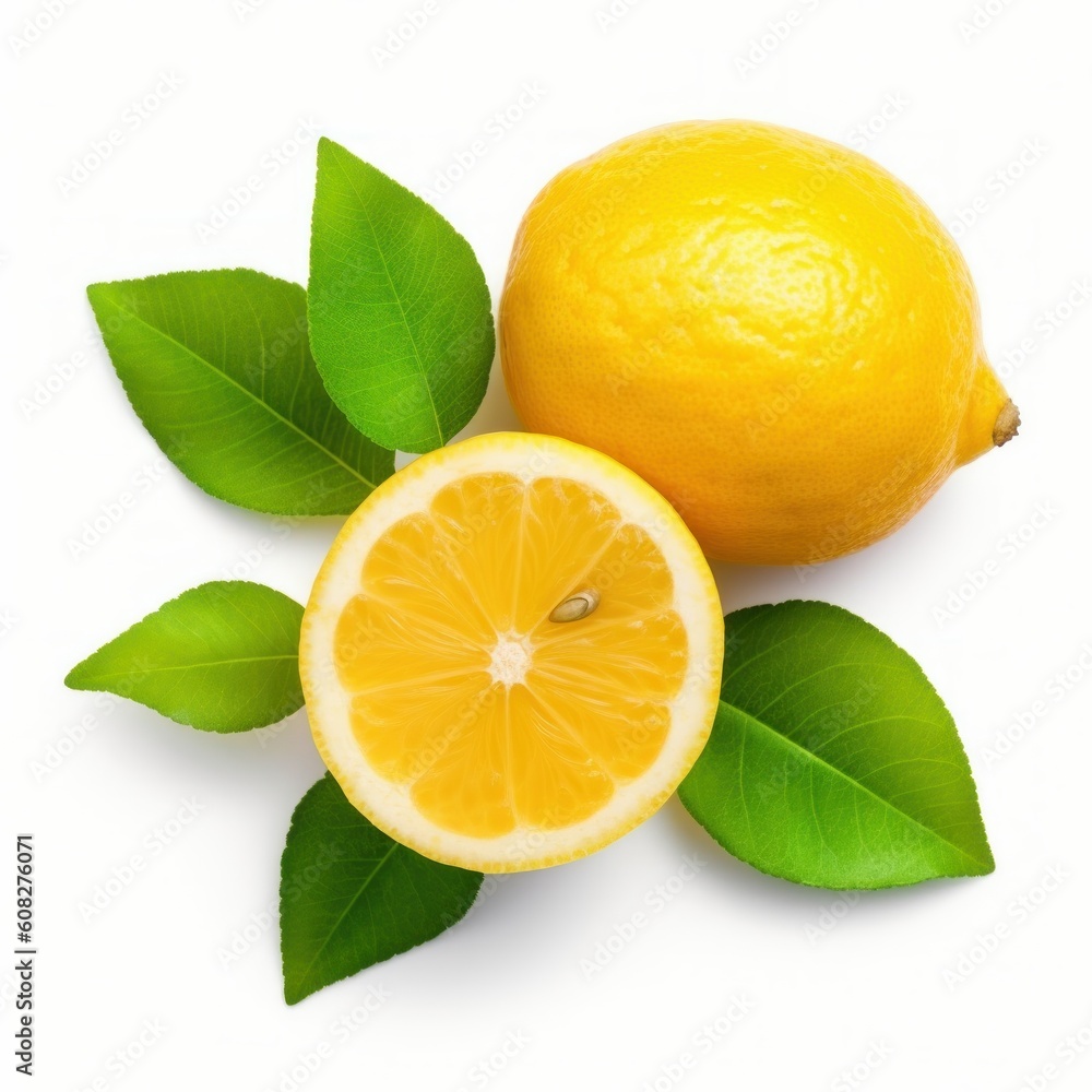 Fresh organic yellow lemon fruit with slice and green leaves. Generative AI Fresh organic yellow lemon fruit with slice and green leaves. Generative AI