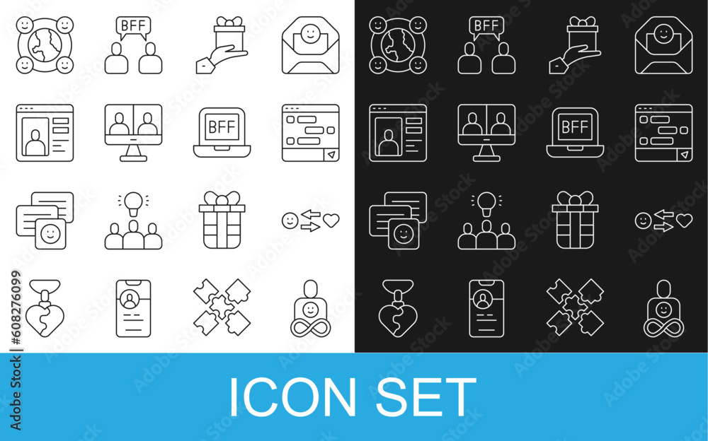 Fototapeta premium Set line Friends forever, Romantic relationship, Chat messages laptop, Give gift, Video chat conference, Dating app online, International community and BFF best friends icon. Vector