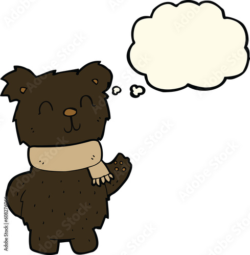 cartoon waving black bear with thought bubble