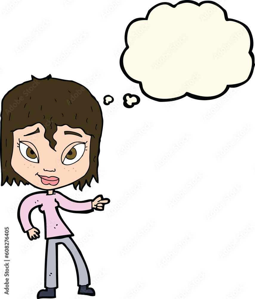 cartoon relaxed woman pointing with thought bubble