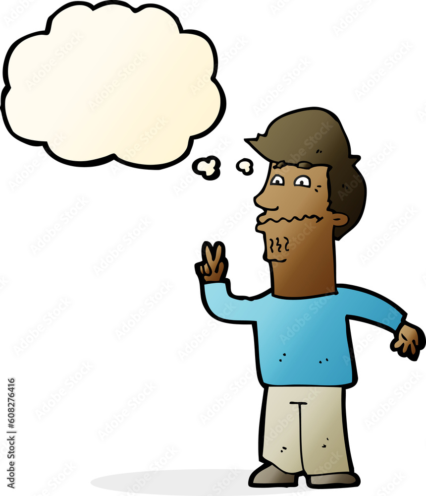 cartoon man giving peace sign with thought bubble cartoon man giving peace sign with thought bubble