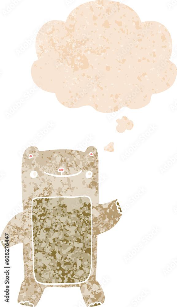 cartoon teddy bear with thought bubble in grunge distressed retro textured style