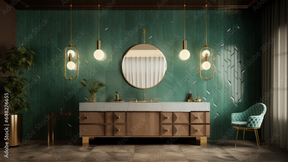 Modern luxury bathroom in Art Deco style, emerald green walls, golden ...
