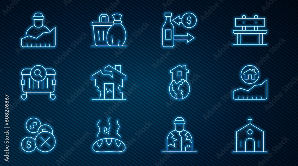 Set line Church building, Rising cost of housing, Reception glass bottles, Ruined house, Searching for food, Growth homeless, Shelter and Trash can icon. Vector Set line Church building, Rising cost of housing, Reception glass bottles, Ruined house, Searching for food, Growth homeless, Shelter and Trash can icon. Vector