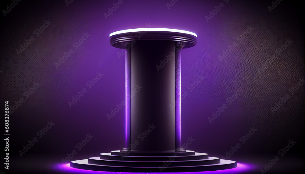 Purple light round podium and black background for mockup Ai generated image Purple light round podium and black background for mockup Ai generated image