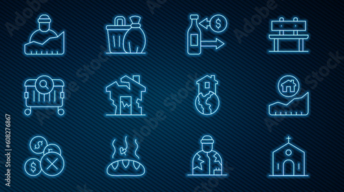 Set line Church building, Rising cost of housing, Reception glass bottles, Ruined house, Searching for food, Growth homeless, Shelter and Trash can icon. Vector