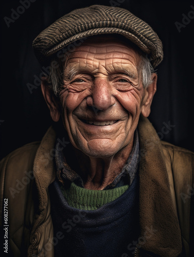 Gesicht eines lachenden alten Mann mit vielen Falten Nahaufnahme , ai generativ