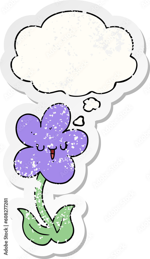 cartoon flower with happy face with thought bubble as a distressed worn sticker cartoon flower with happy face with thought bubble as a distressed worn sticker