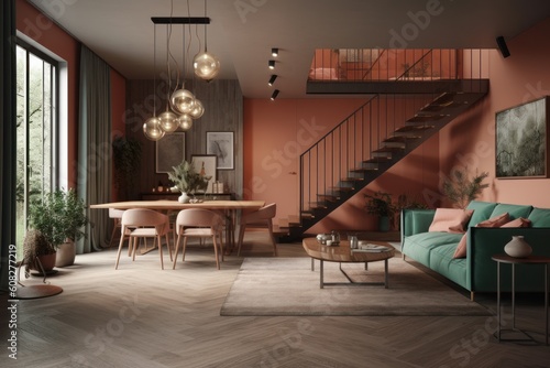 Modern luxury living room with dining area, trendy combination of pistachio and terracotta colors. Comfortable sofa, coffee table, vintage carpet, paintings on the walls, stairs to the Generative AI © Georgii