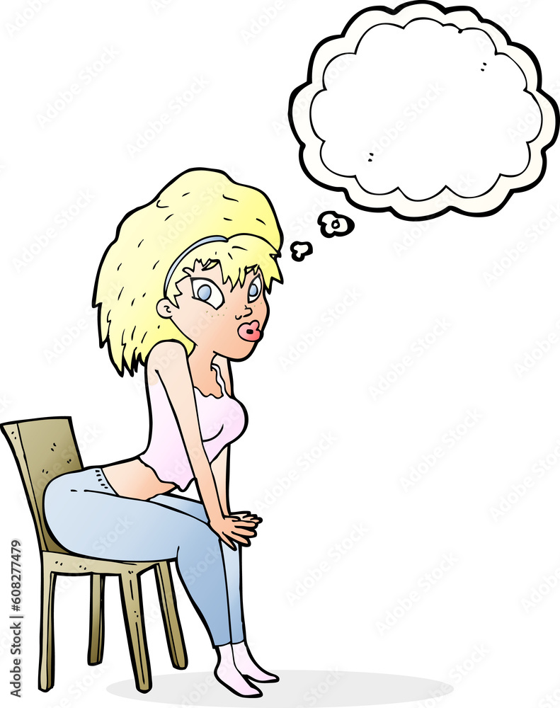 cartoon woman posing on chair with thought bubble cartoon woman posing on chair with thought bubble