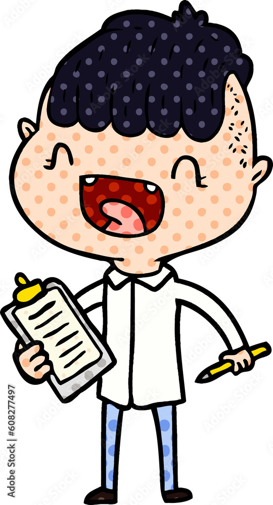 cartoon happy boy with clip board laughing cartoon happy boy with clip board laughing