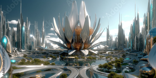 Moderne Stadtplanung in der Zukunft, futuristische neue Stadt mit vorbildlicher Architektur, ai generativ