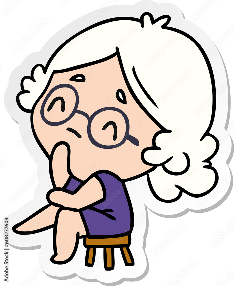 sticker cartoon illustration of a cute kawaii lady thinking sticker cartoon illustration of a cute kawaii lady thinking