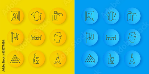 Set line Louvre glass pyramid, Flag France, French cafe, Eiffel tower, man, Portrait picture in museum, Perfume and Map of icon. Vector