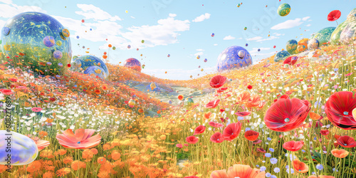 field of flowers landscape digital art wallpaper. generative ai