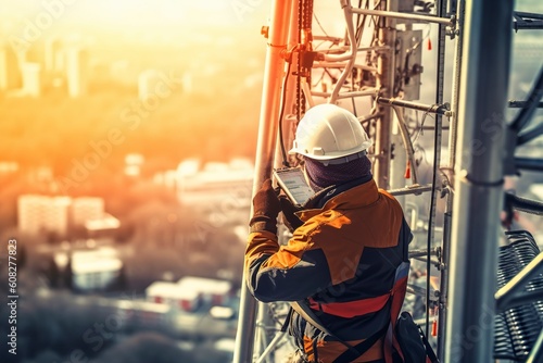 With utmost precision, the technician bravely perched on the 5G tower ensures flawless network connections. Ai generated.