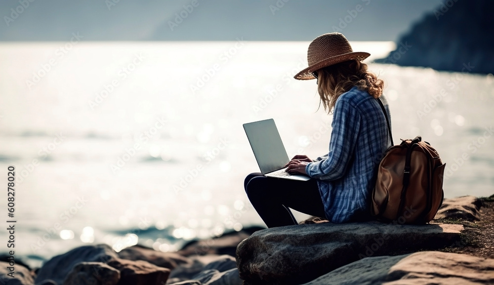 A woman works on her computer from a rock overlooking the beach. Ai generated.