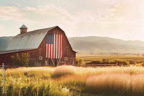 An old grain barn in the American countryside, with a large patriotic American flag. Ai generated.