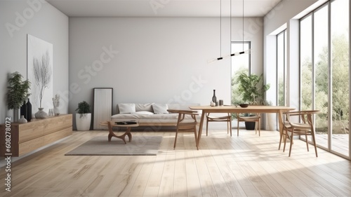 Spacious modern Scandinavian living room with dining area. Wooden furniture and flooring, light textiles, beige carpet, large panoramic windows. Light natural colors. Generative AI